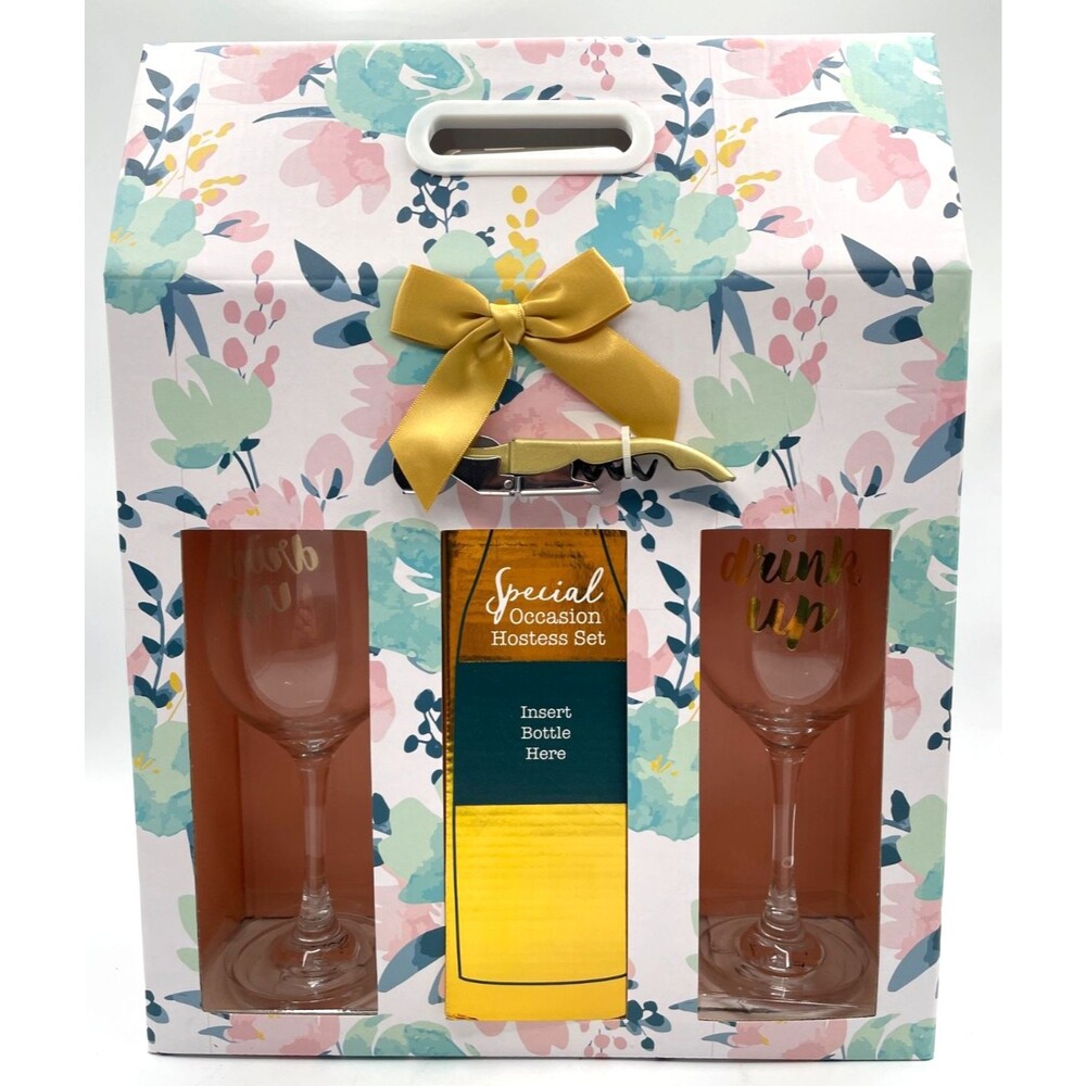 New "Drink Up" Hostess Set with 2 Stemmed Wine Glasses and Corkscrew Gift Box